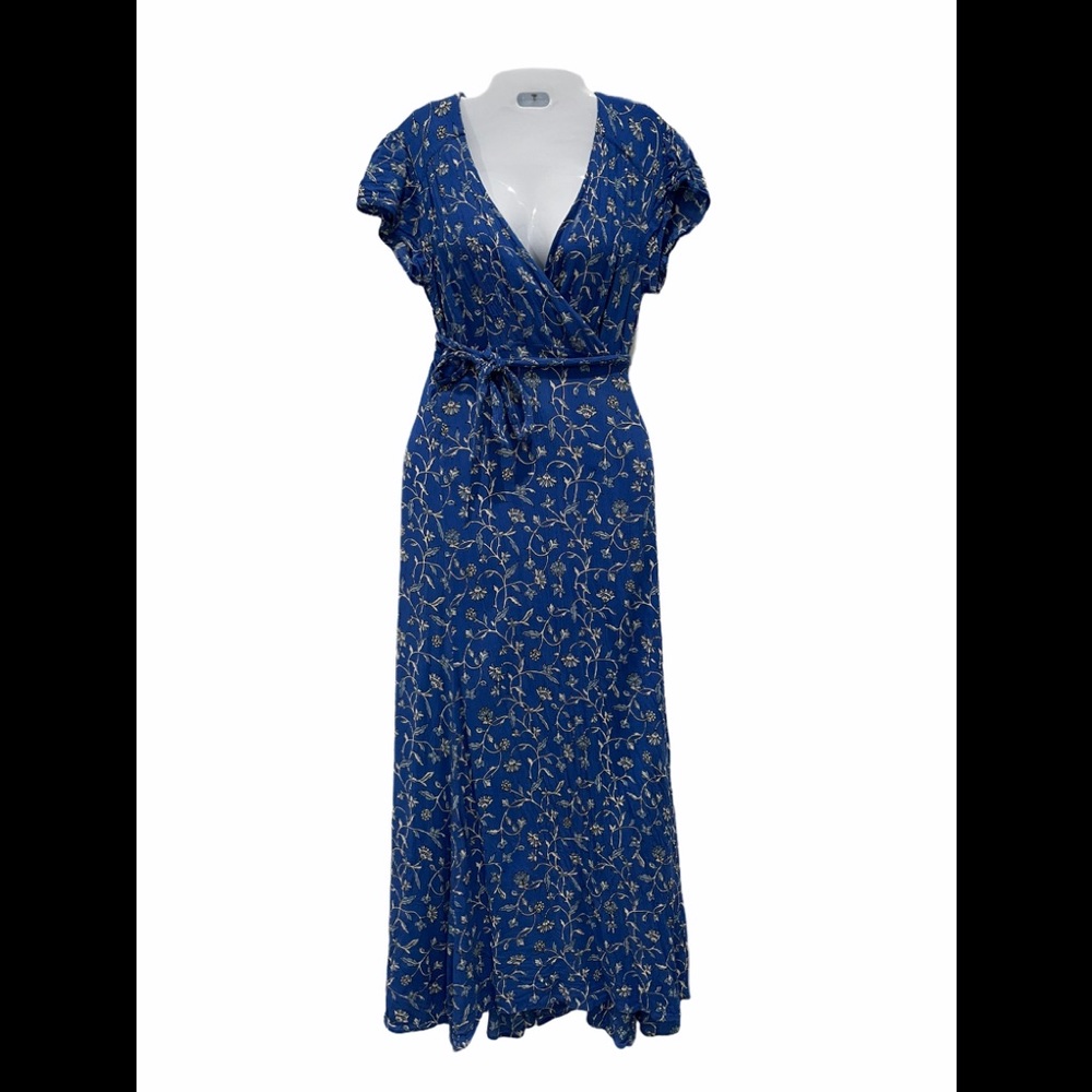 Long blue floral cap sleeve wrap maxi dress